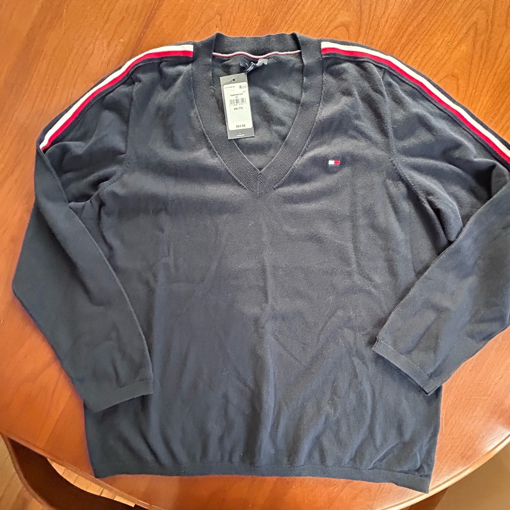 Tommy Hilfiger Men's Navy Blue Sweater with Red and White Accents